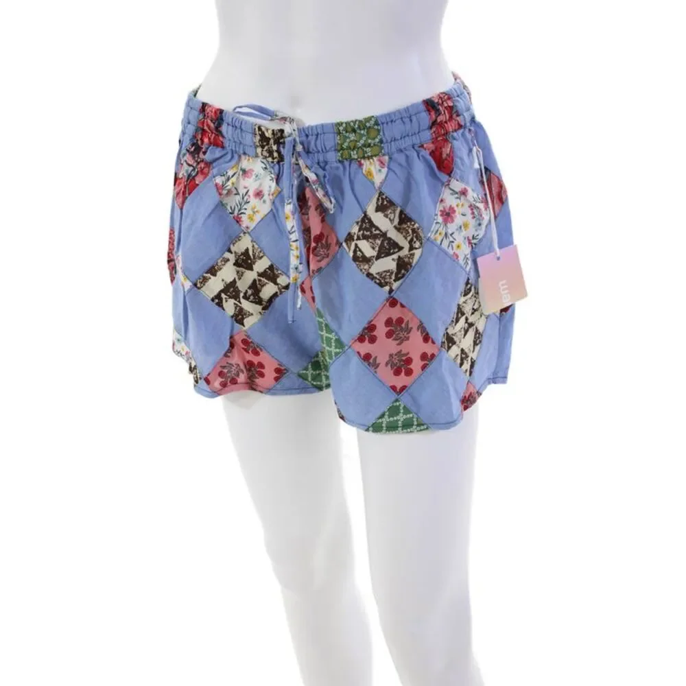 Warm Womens Cotton Patchwork Drawstring Waist Mid-Rise Casual Shorts Blue Size 1